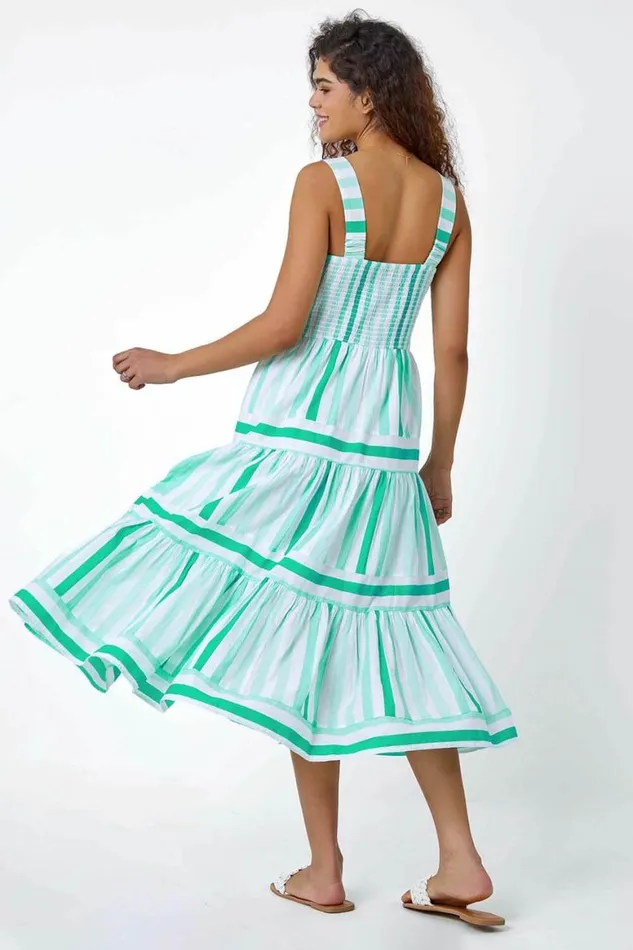 Women Mint Cotton Stripe Print Tiered Maxi Dress Roman Dresses