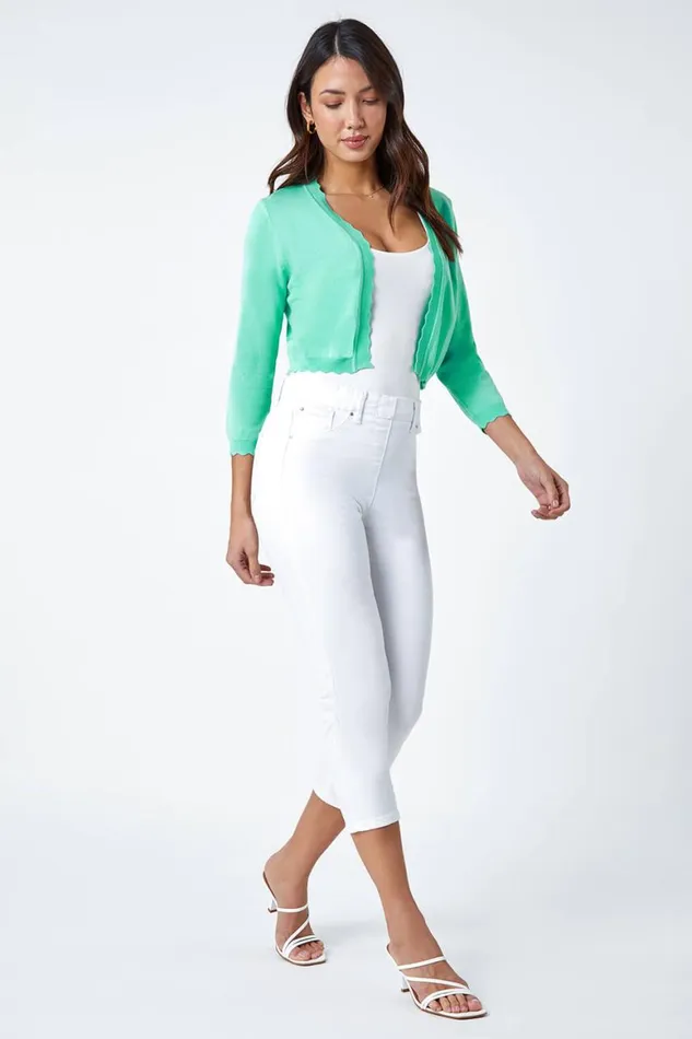 Women Mint Scalloped Edge Stretch Knit Shrug Roman Knitwear