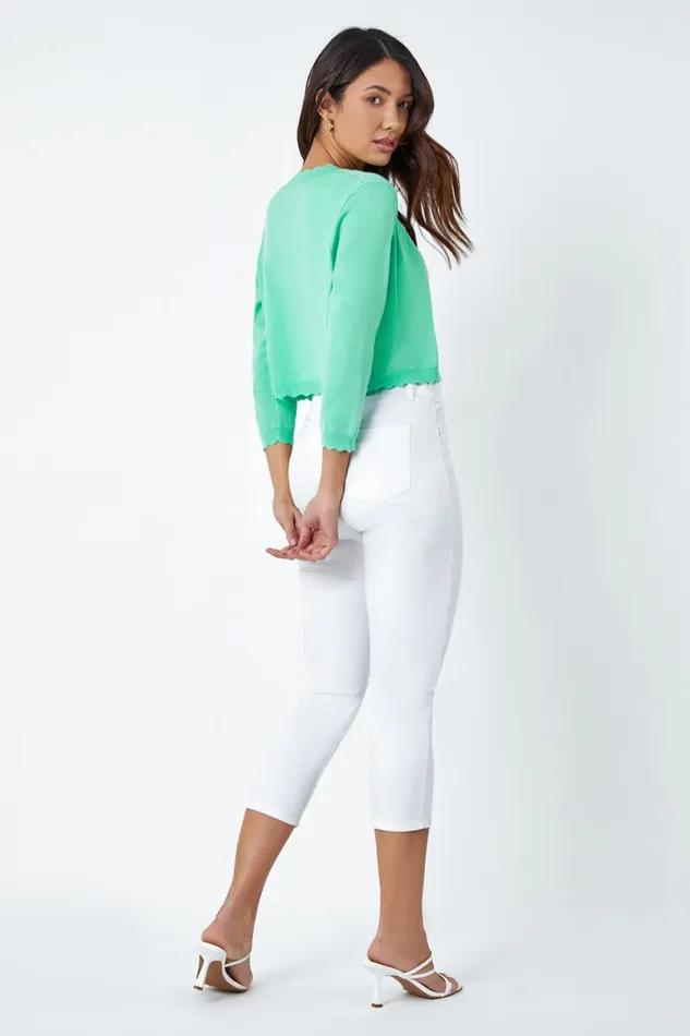 Women Mint Scalloped Edge Stretch Knit Shrug Roman Knitwear