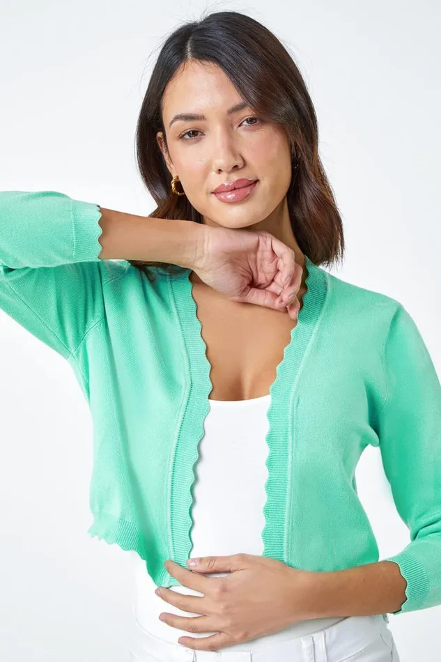 Women Mint Scalloped Edge Stretch Knit Shrug Roman Knitwear