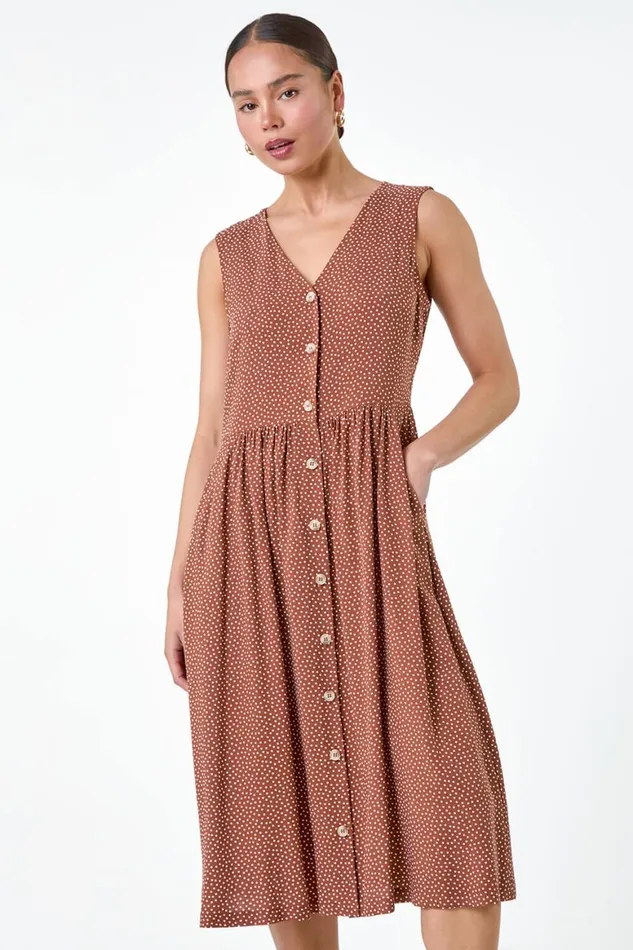 Women Mocha Petite Ditsy Spot Pocket Button Midi Dress Roman Dresses