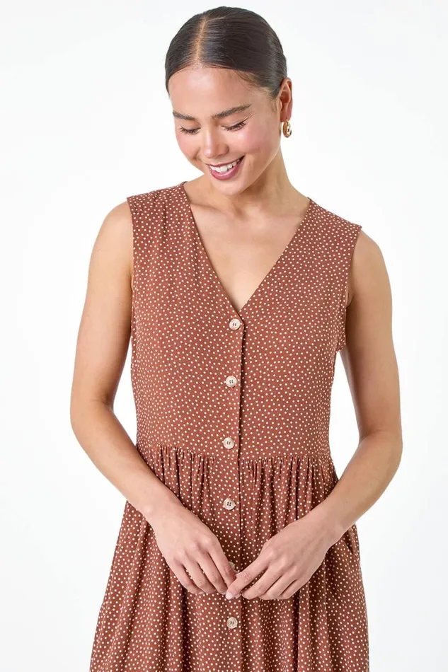 Women Mocha Petite Ditsy Spot Pocket Button Midi Dress Roman Dresses