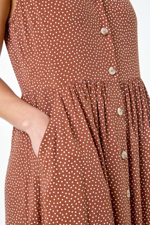 Women Mocha Petite Ditsy Spot Pocket Button Midi Dress Roman Dresses