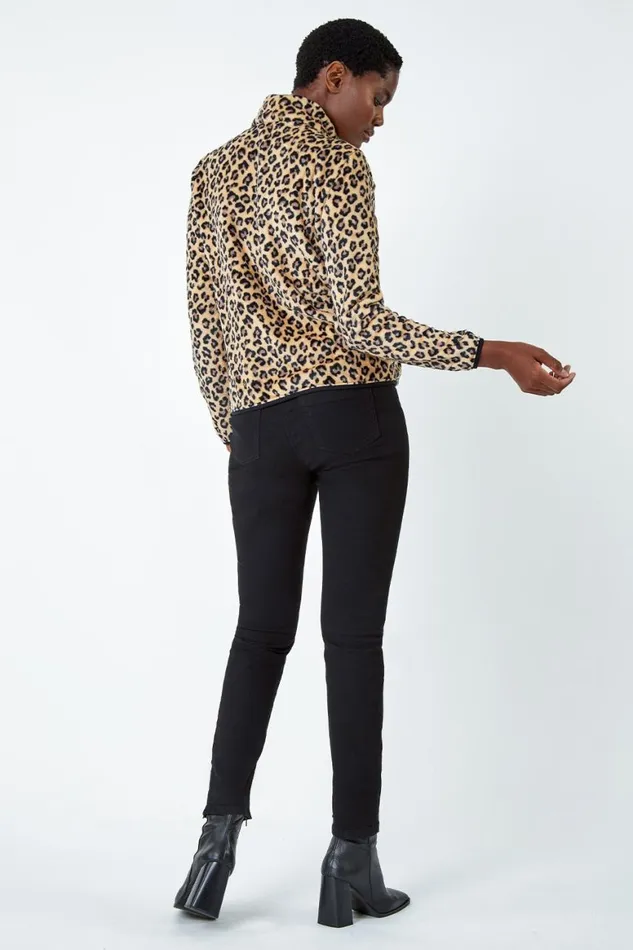 Women Multi Animal Print Sherpa Fleece Jacket Roman Jackets