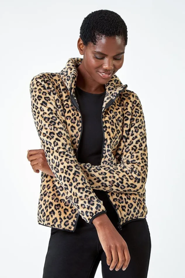 Women Multi Animal Print Sherpa Fleece Jacket Roman Jackets