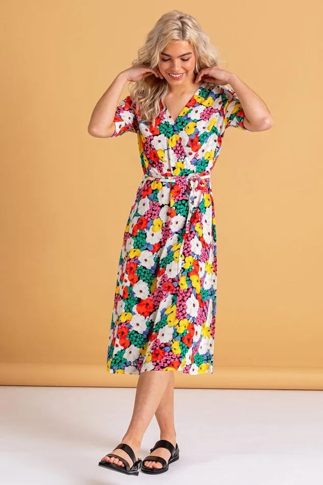 Women Multi Bold Floral Midi Wrap Dress Roman Dresses