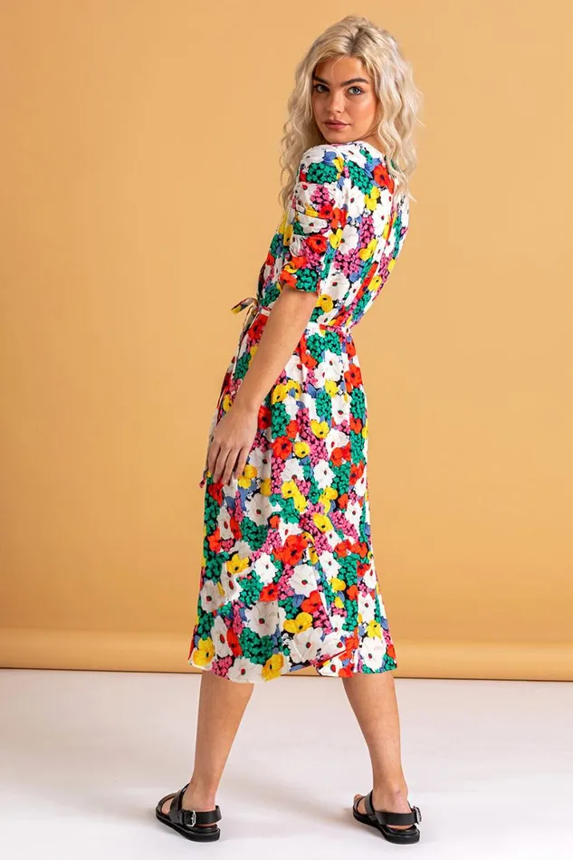 Women Multi Bold Floral Midi Wrap Dress Roman Dresses