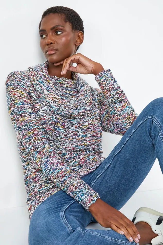 Women Multi Cowl Neck Tape Yarn Jumper Roman Knitwear