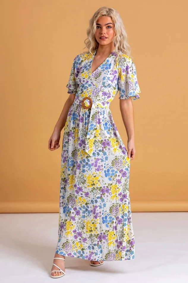Women Multi Floral Belted Maxi Dress Roman Dresses