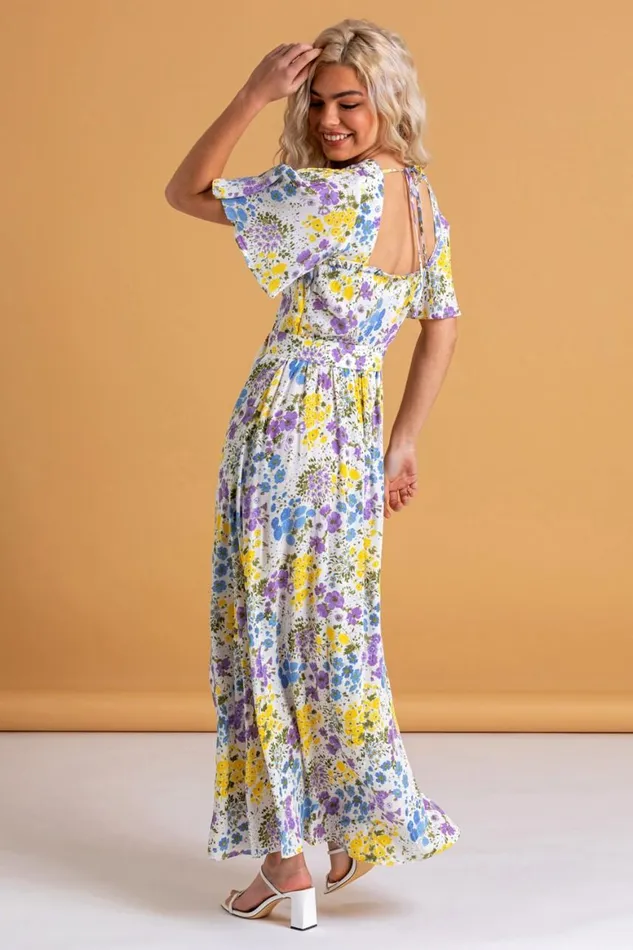 Women Multi Floral Belted Maxi Dress Roman Dresses