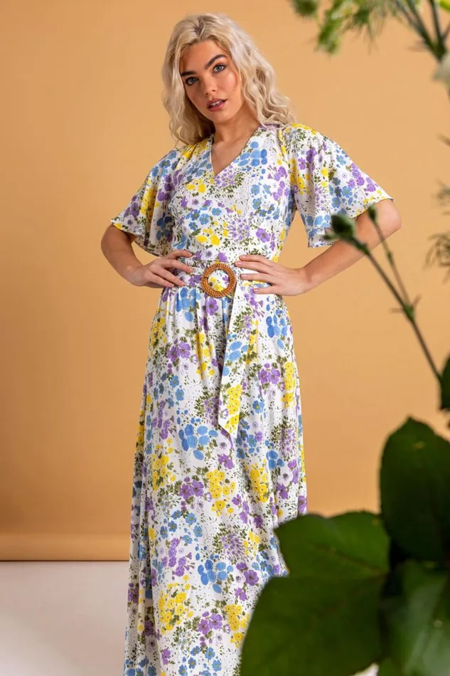 Women Multi Floral Belted Maxi Dress Roman Dresses