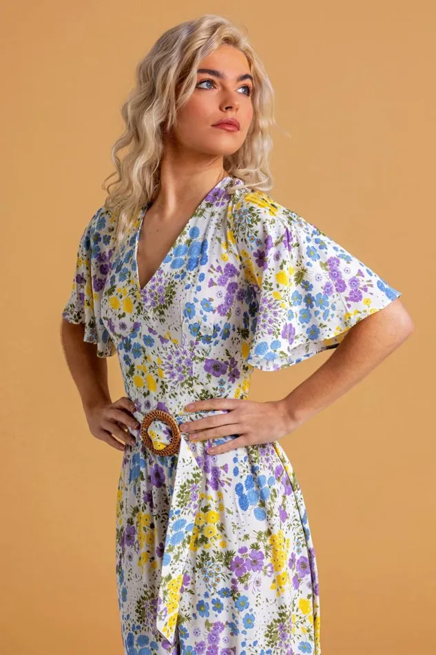 Women Multi Floral Belted Maxi Dress Roman Dresses