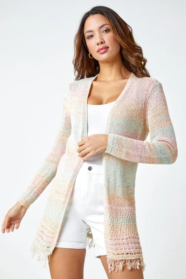 Women Multi Fringed Edge Longline Stripe Cardigan Roman Knitwear