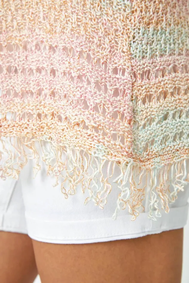 Women Multi Fringed Edge Longline Stripe Cardigan Roman Knitwear