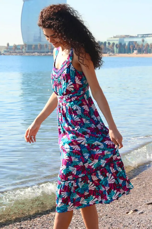 Women Multi Palm Print Midi Length Sun Dress Roman Dresses