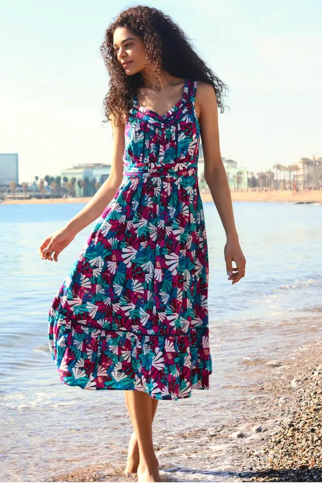 Women Multi Palm Print Midi Length Sun Dress Roman Dresses