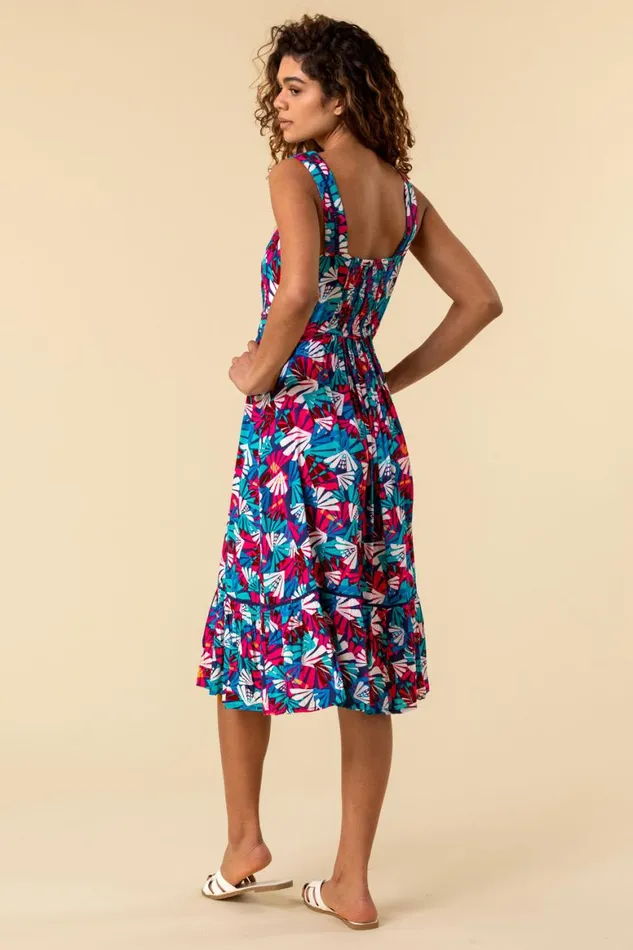 Women Multi Palm Print Midi Length Sun Dress Roman Dresses