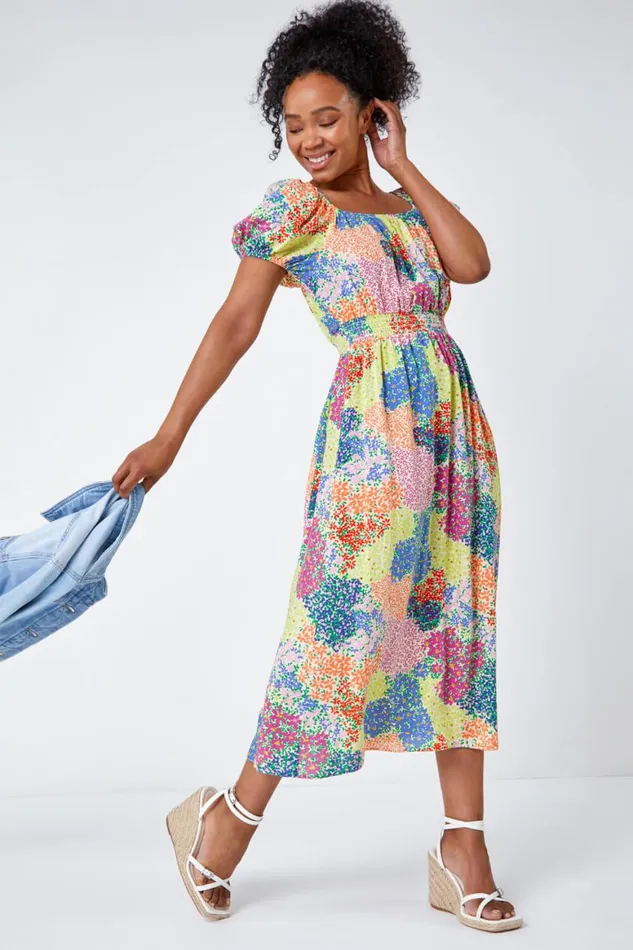 Women Multi Petite Ditsy Floral Shirred Midi Dress Roman Dresses