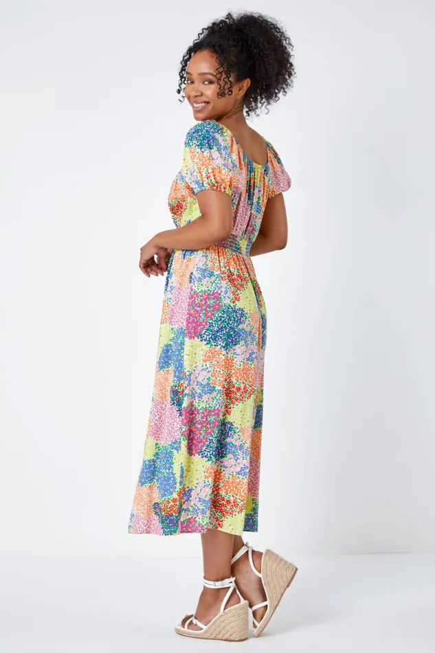 Women Multi Petite Ditsy Floral Shirred Midi Dress Roman Dresses