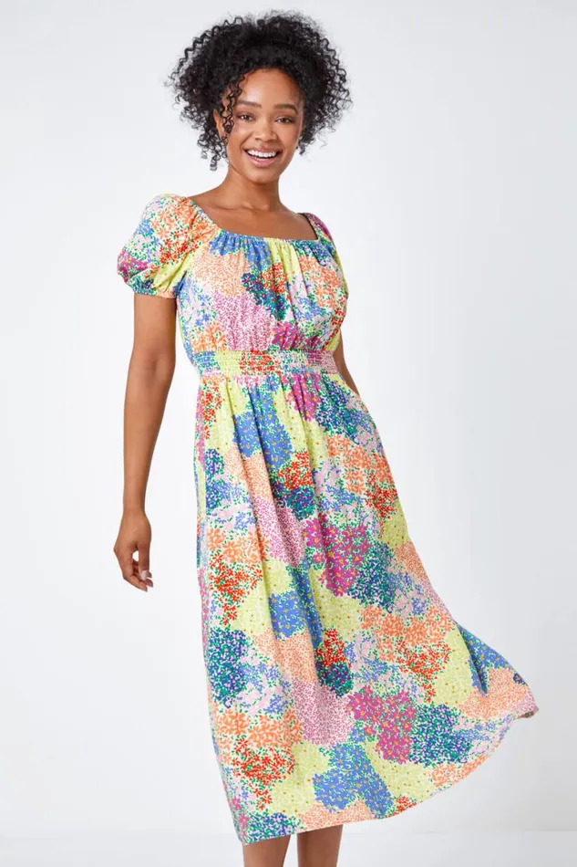 Women Multi Petite Ditsy Floral Shirred Midi Dress Roman Dresses