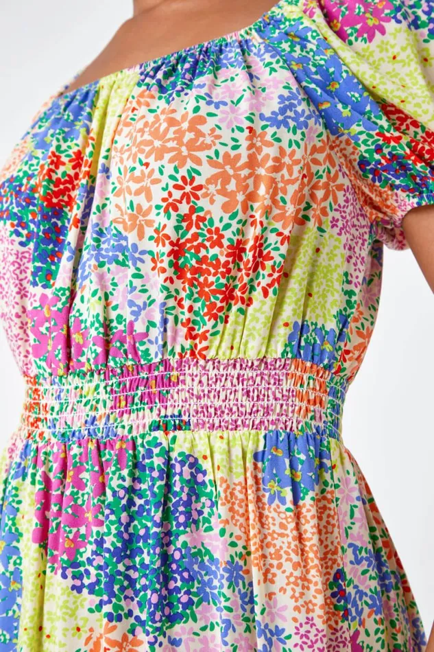 Women Multi Petite Ditsy Floral Shirred Midi Dress Roman Dresses