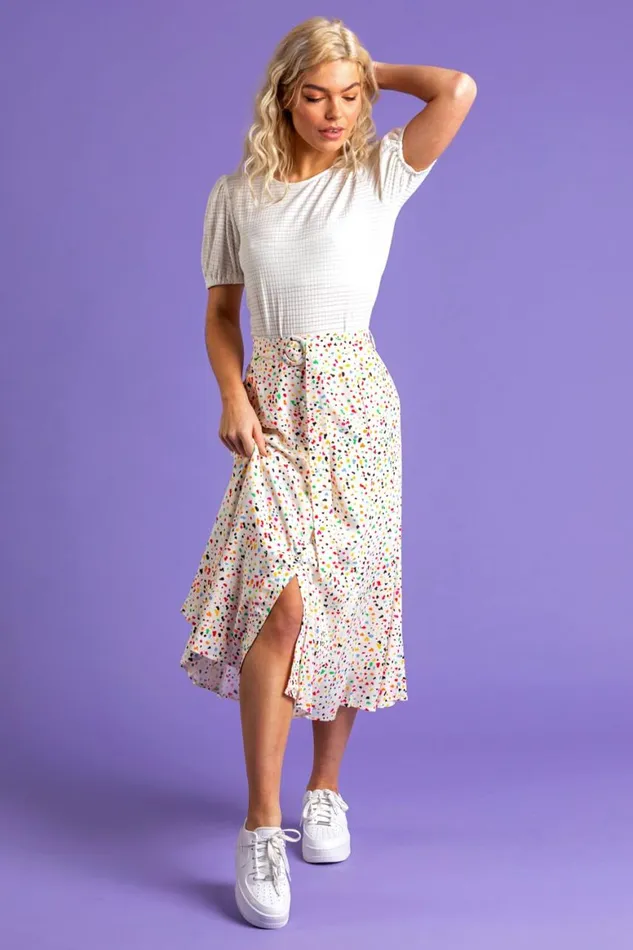 Women Multi Scattered Spot Print Belted Skirt Roman Skirts