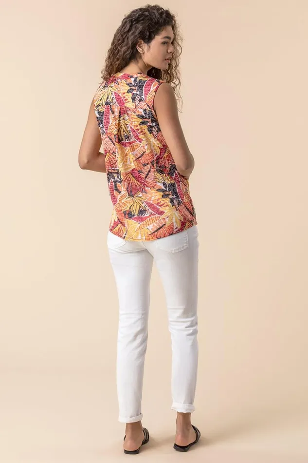 Women Multi Tropical Burnout Button Detail VNeck Top Roman Tops
