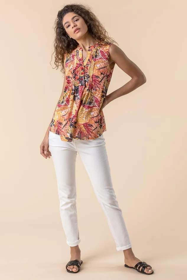 Women Multi Tropical Burnout Button Detail VNeck Top Roman Tops