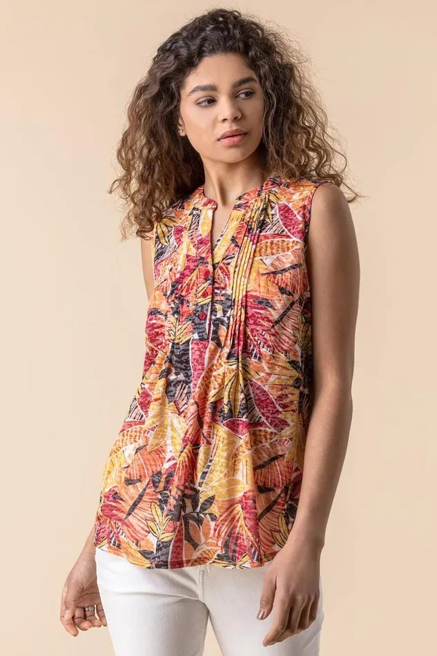 Women Multi Tropical Burnout Button Detail VNeck Top Roman Tops