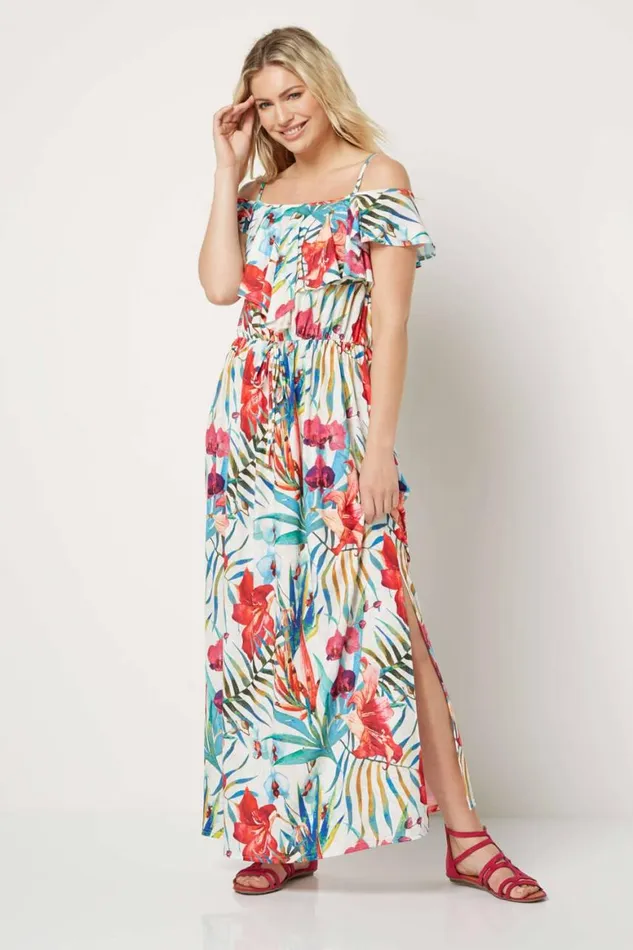 Women Multi Tropical Frill Maxi Dress Roman Dresses