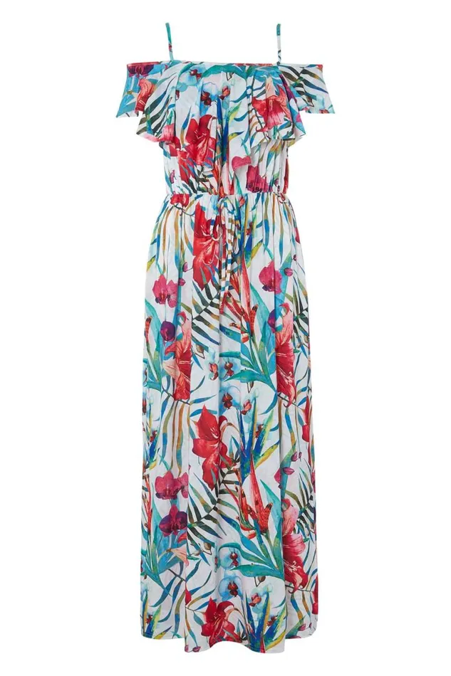 Women Multi Tropical Frill Maxi Dress Roman Dresses