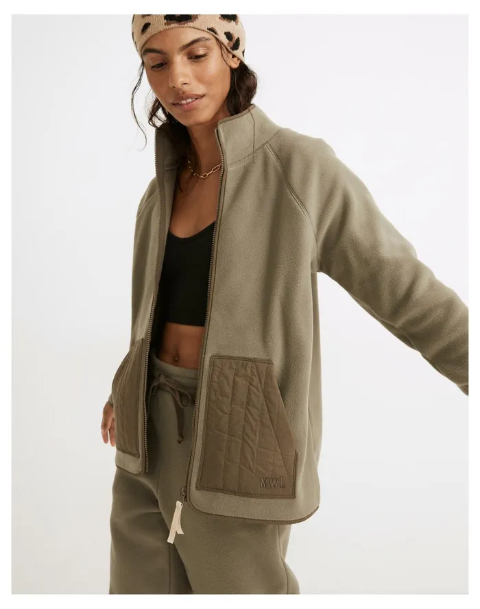 Women MWL Betterfleece Zip Quilted Pocket Jacket Pressed Sage Madewell MWL Athleisure