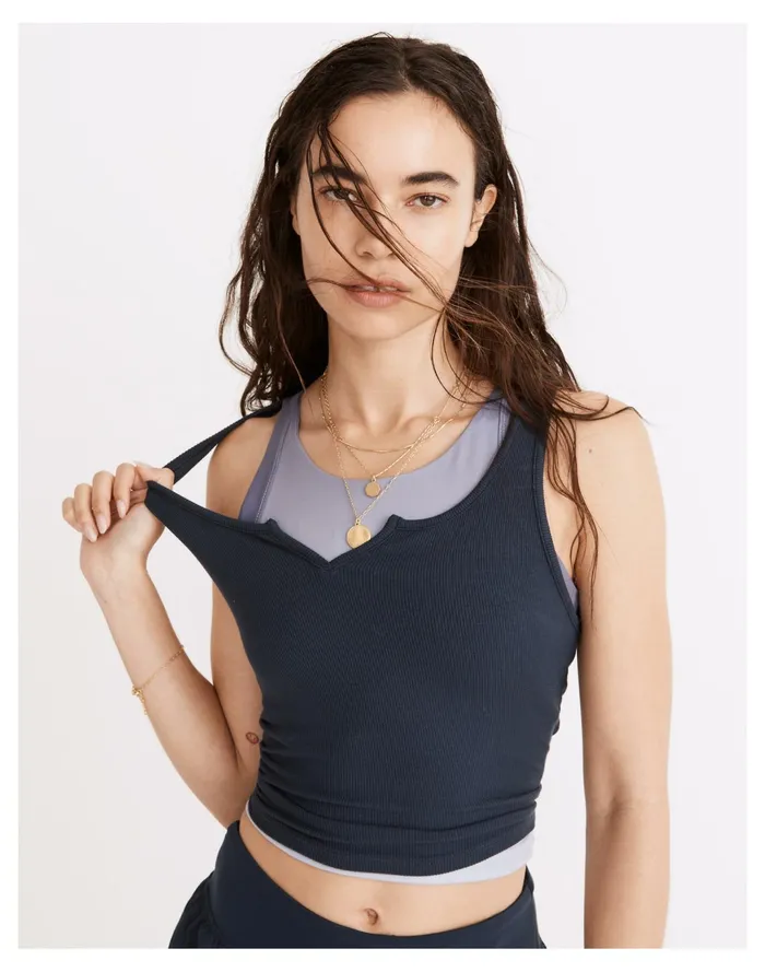 Women MWL Ribbed Split Neck Crop Tank Twilight Madewell Activewear