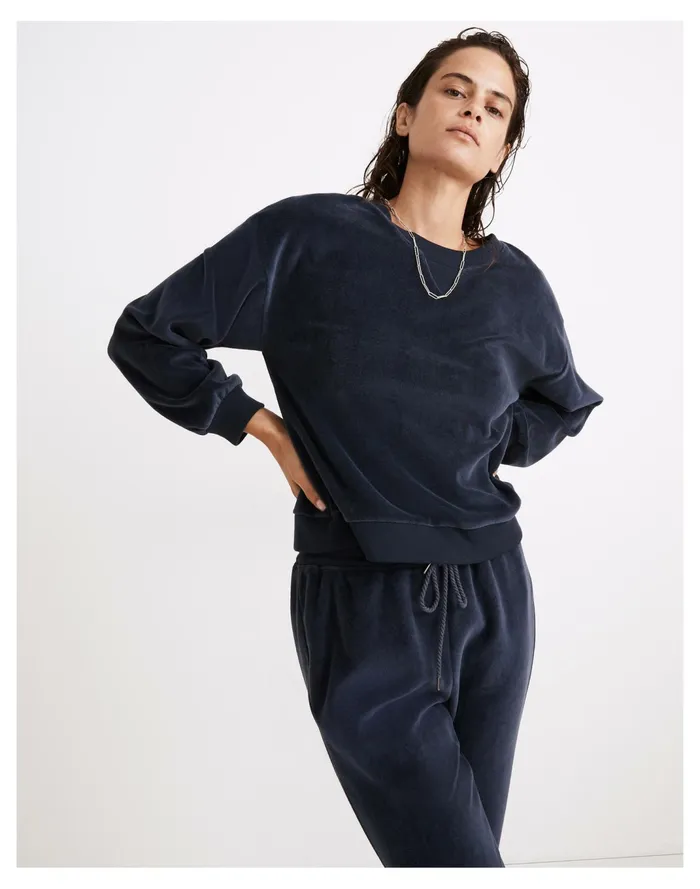 Women MWL Velour Crewneck Sweatshirt Dark Baltic Madewell MWL Athleisure