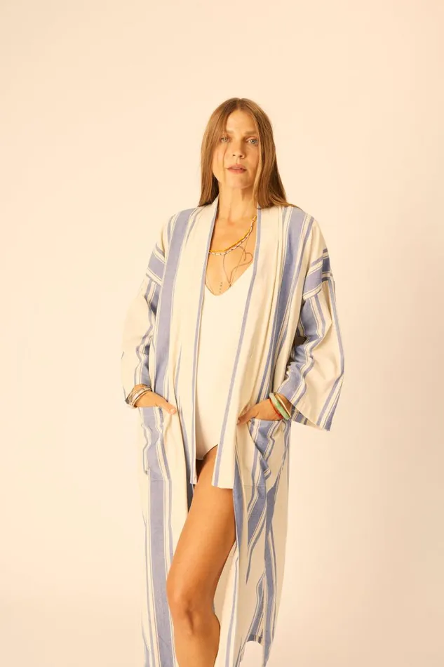 Women Natalie Martin Coverups Diane Long Robe French Stripe Blue