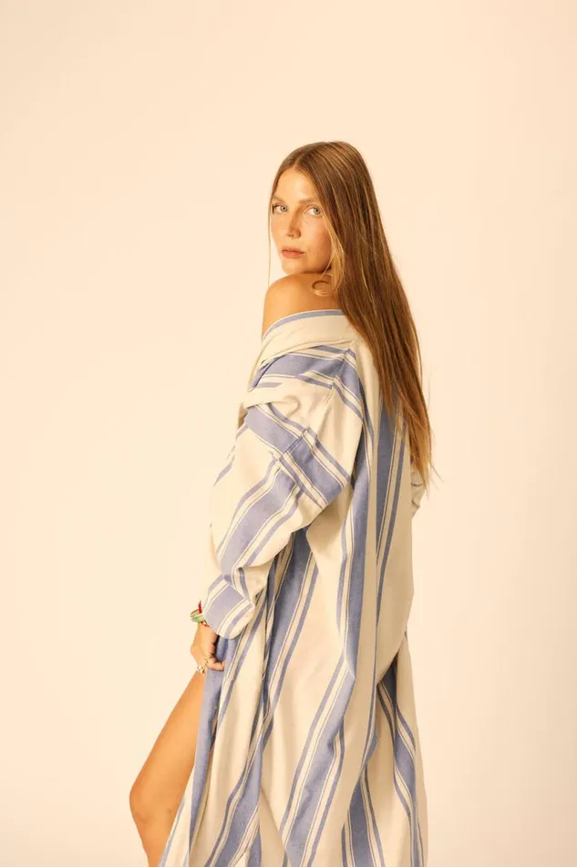 Women Natalie Martin Coverups Diane Long Robe French Stripe Blue