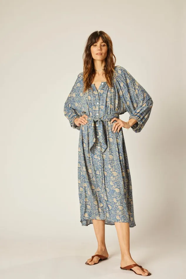 Women Natalie Martin Dresses Alex Midi With Sash Water Lily Blue