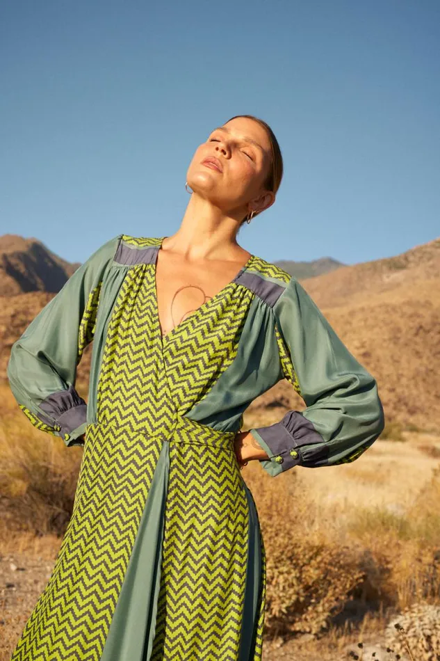 Women Natalie Martin Dresses Kate Long Sleeve Maxi Block Zigzag Lime