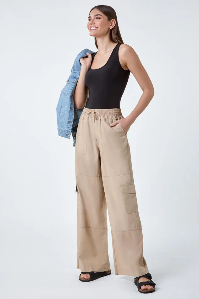 Women Natural Cotton Elastic Waist Wide Leg Cargo Trousers Roman Trousers