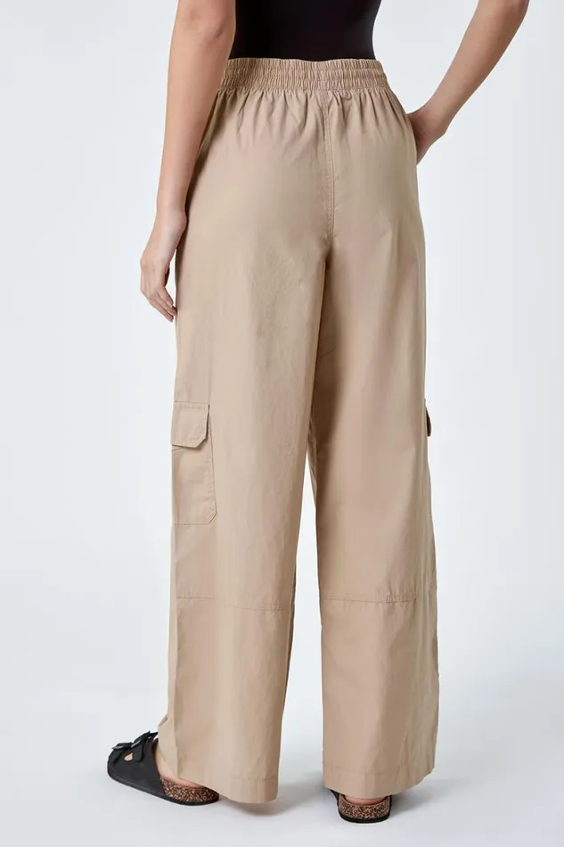 Women Natural Cotton Elastic Waist Wide Leg Cargo Trousers Roman Trousers