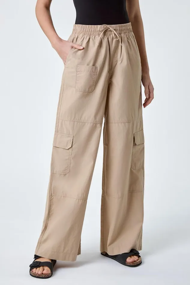 Women Natural Cotton Elastic Waist Wide Leg Cargo Trousers Roman Trousers