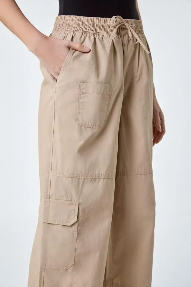 Women Natural Cotton Elastic Waist Wide Leg Cargo Trousers Roman Trousers