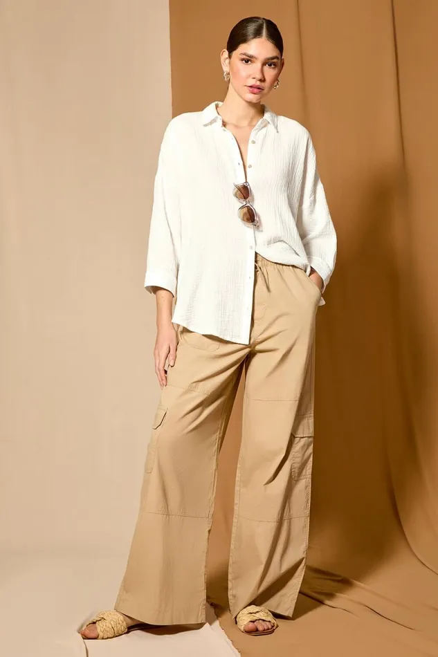 Women Natural Cotton Elastic Waist Wide Leg Cargo Trousers Roman Trousers