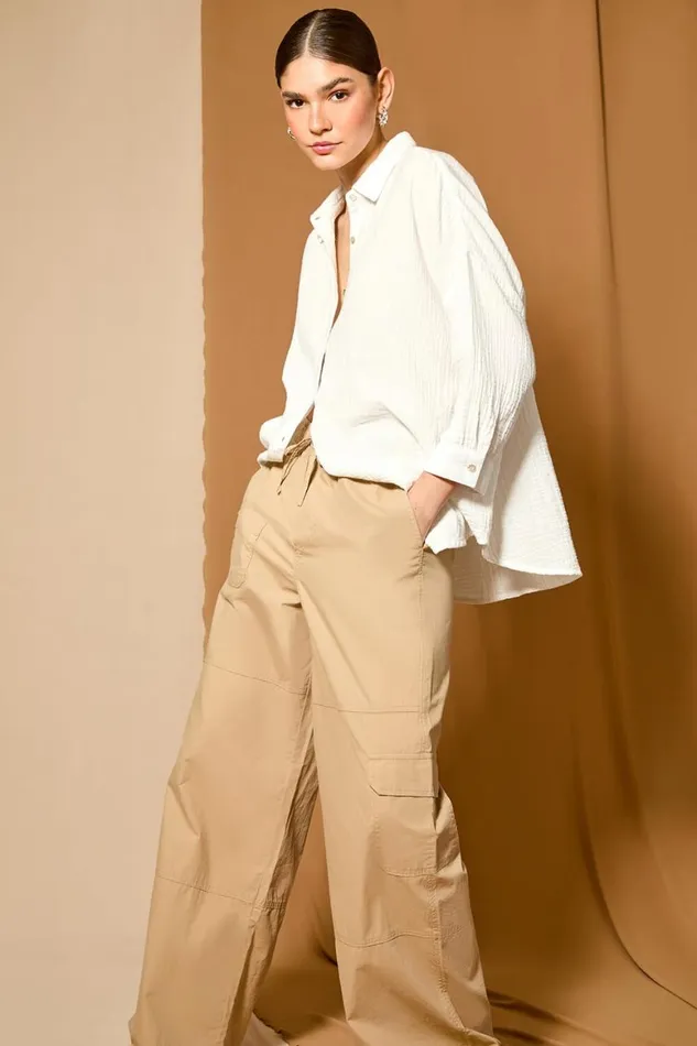 Women Natural Cotton Elastic Waist Wide Leg Cargo Trousers Roman Trousers