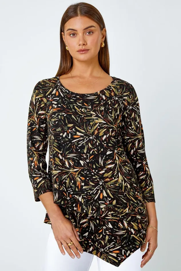 Women Natural Leaf Asymmetric Layer Stretch Top Roman Tops