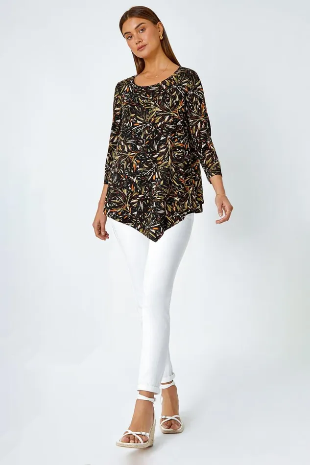 Women Natural Leaf Asymmetric Layer Stretch Top Roman Tops