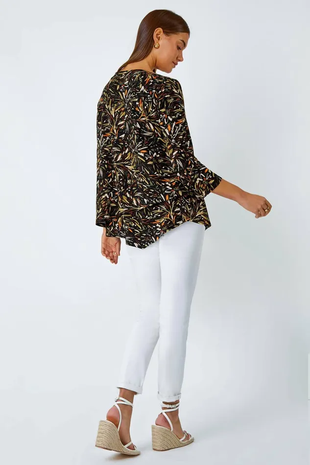 Women Natural Leaf Asymmetric Layer Stretch Top Roman Tops
