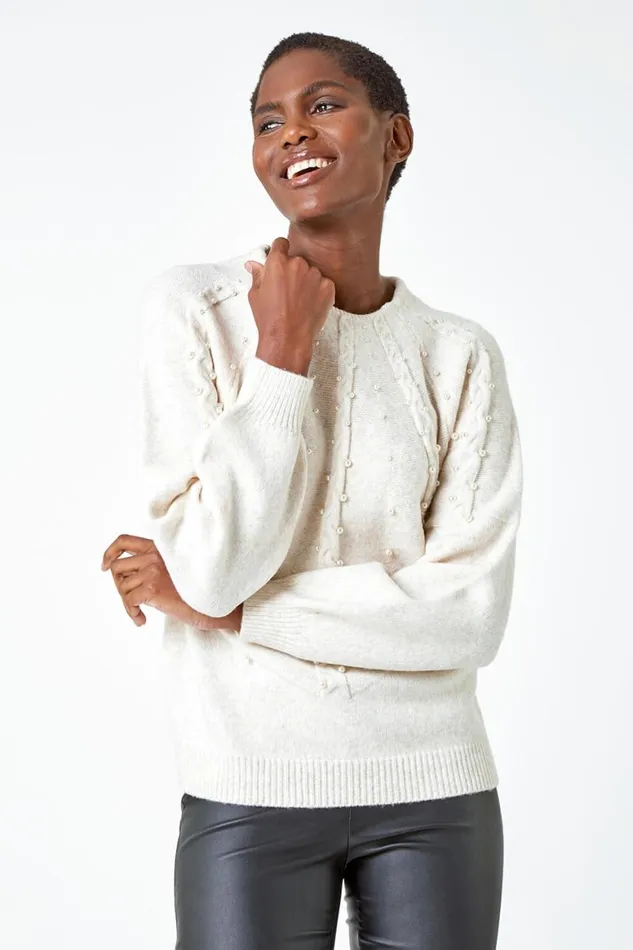 Women Natural Pearl Embellished Cable Knit Jumper Roman Knitwear