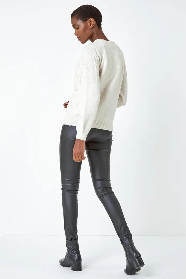 Women Natural Pearl Embellished Cable Knit Jumper Roman Knitwear