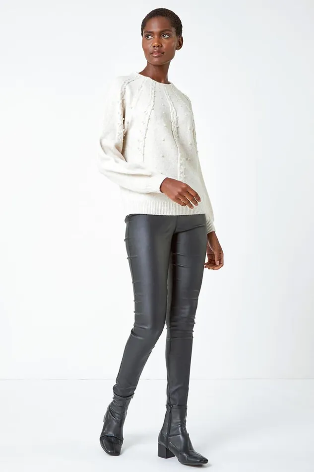 Women Natural Pearl Embellished Cable Knit Jumper Roman Knitwear